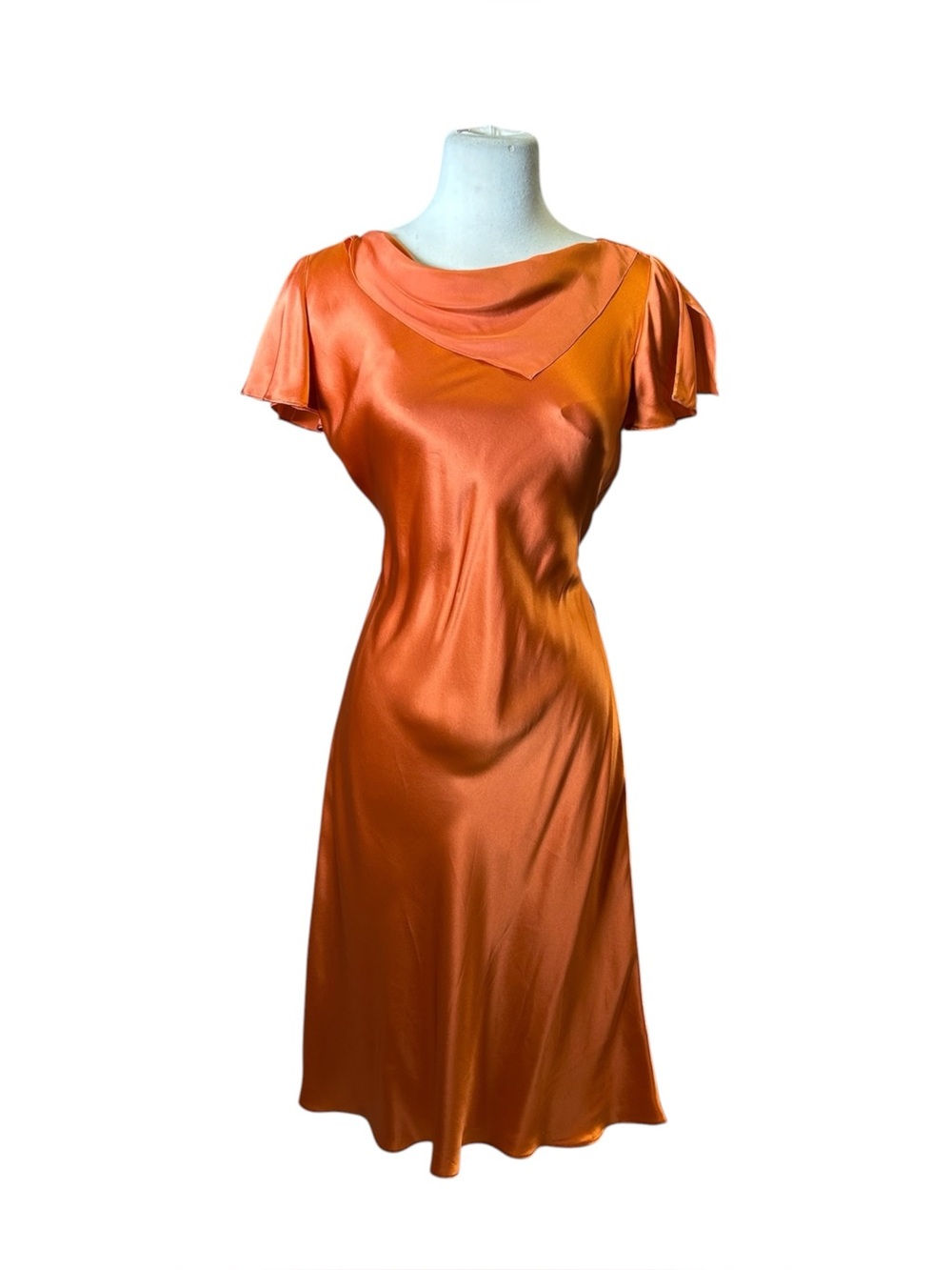 Y2K Karen Dye Cowl Neck Orange Silk Midi Dress w/ Belt